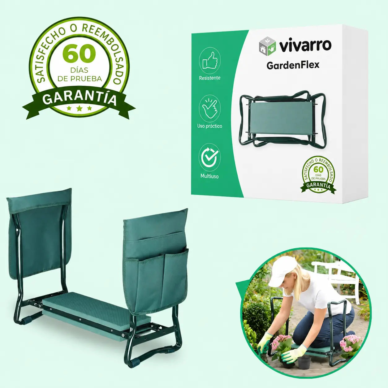 "GardenFlex | Banco de jardinería plegable 2 en 1 | Trabaja sin dolor de rodillas ni espalda " Vivarro