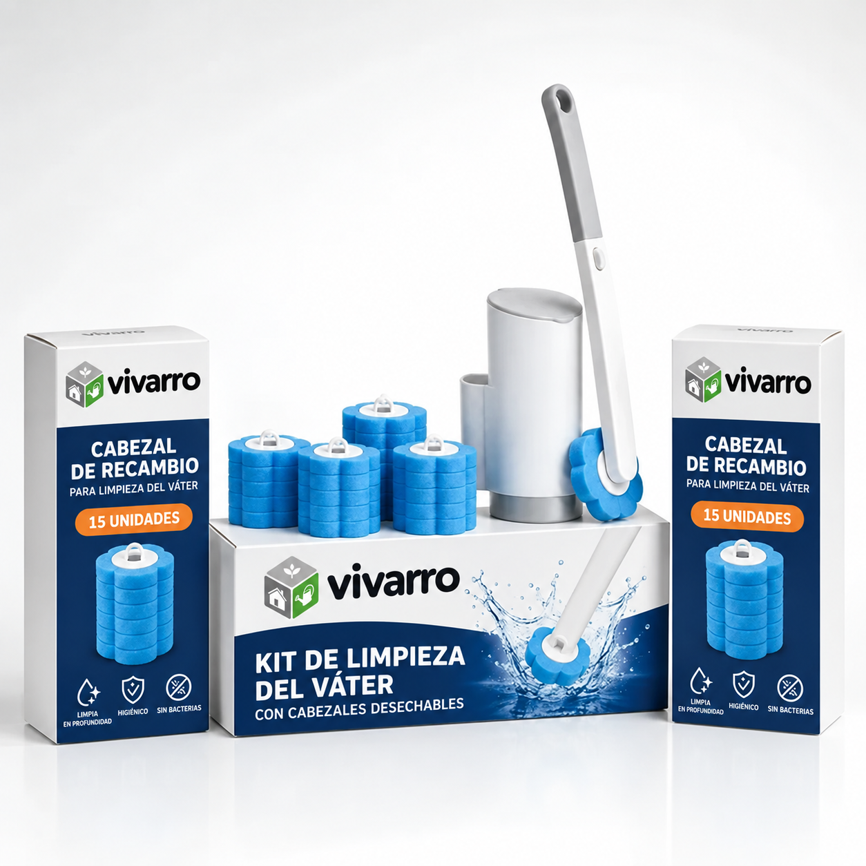 Kit de limpieza del váter Vivarro con mango, soporte y cabezales desechables