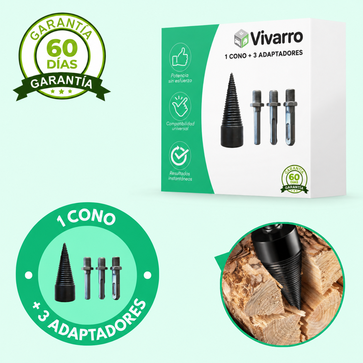 Cono partidor de leña 3 en 1 para taladro | Broca de acero templado — imagen 2 de 8