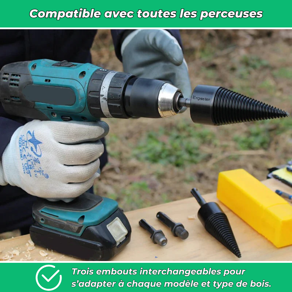 Foret fendeur de bois et de bûches pour visseuse perceuse | Cône fendeur en titane